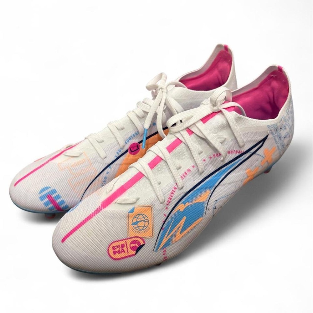 PUMA Ultra 5 Soccer Cleats Volume Up White Pink Blue Men's Firm Ground Cleats